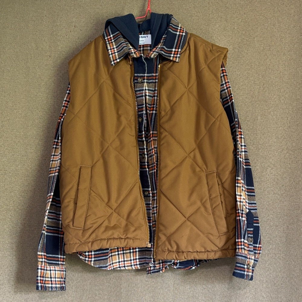 Kids Old Navy Brown Quilted Vest with Plaid Hooded Shirt Size 10